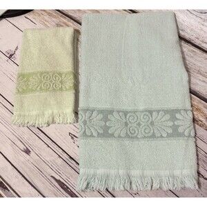 Vtg Cannon Monticello Santa Cruz Bath & Hand Towel Sculpted Fringe Greens